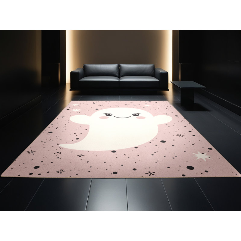 Tapis abstrait moderne et contemporain lavable à la machine Aguayo en rose et beige, 5 x 8