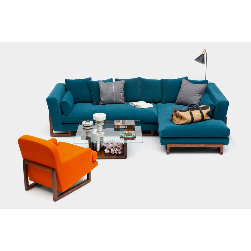 LRG Chaise Sectional, Peacock, No Trays, Solid Walnut