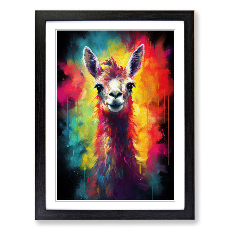 Llama Romanticism - Single Picture Frame Print on Wood, 64cm H x 46cm W x 2cm D, Black Framed