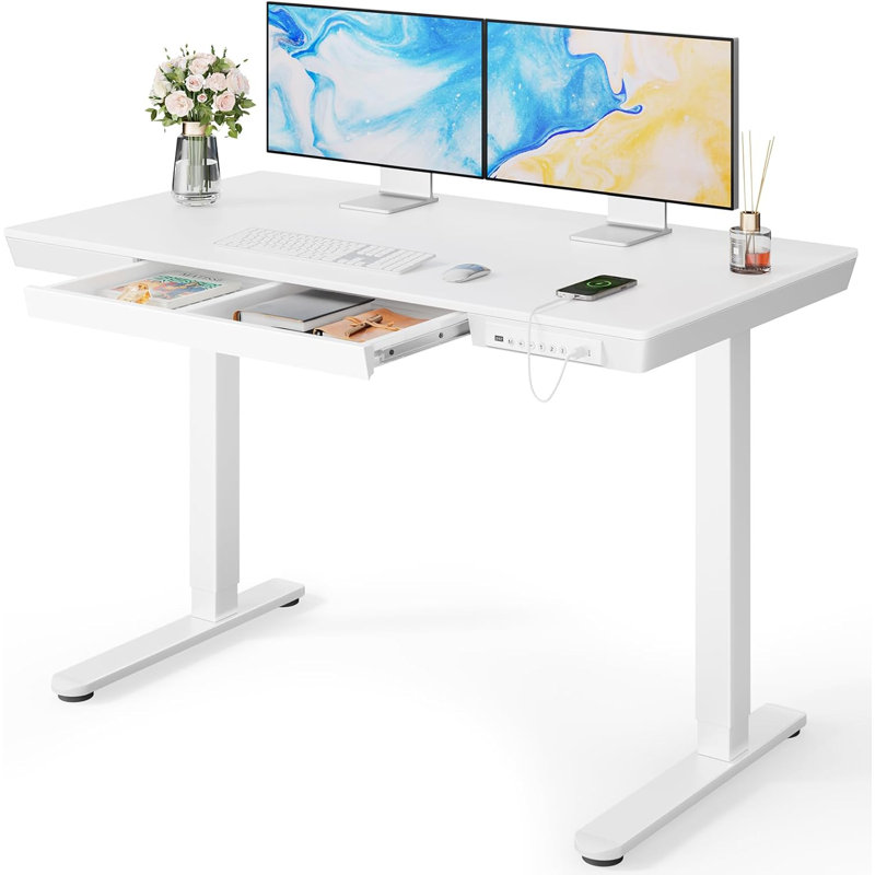 Flavio Height Adjustable Standing Computer Desk With Drawer and USB & Type-C Ports For Home Office, Off-White/White