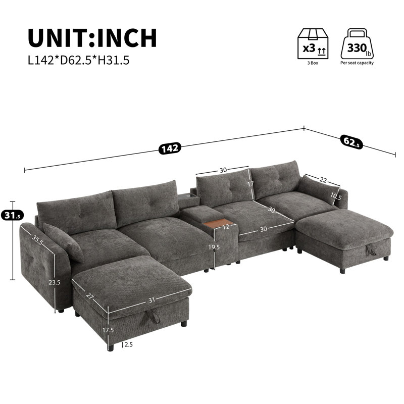 Modular Sectional Sofa with Movable Storage Ottoman and Console, Grey