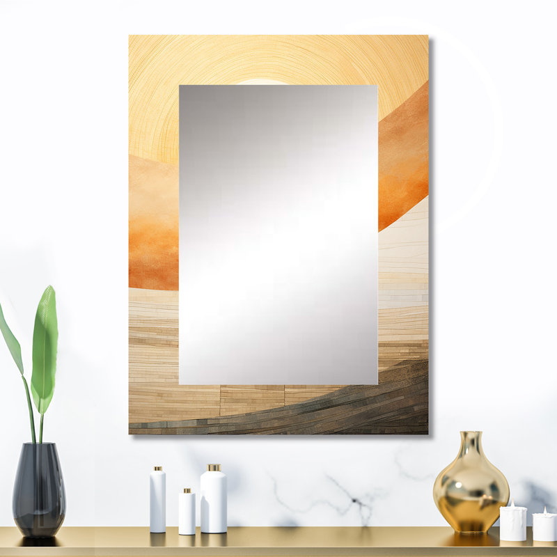 Géométrique doré beige coucher de soleil Harmony I - miroir décoratif coucher de soleil, grand miroir mural beige, impression d'art en métal
