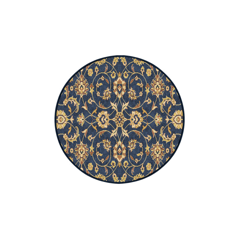 Tapis bleu / beige en chenille / polyester tissé à la main Fernie, Rond 3 pi