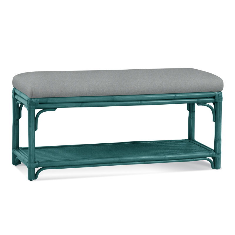 Summer Retreat Wicker Shelf Storage Bench, Celery, Light Blue Performance Fabric; 0851-55
