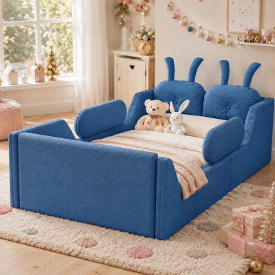 Twin Size Upholstered Floor Bed with 21" High Guardrails, Teddy Fabric Kids Bed Frame with Removable Safety Side Rails,Montessori Transition Bed