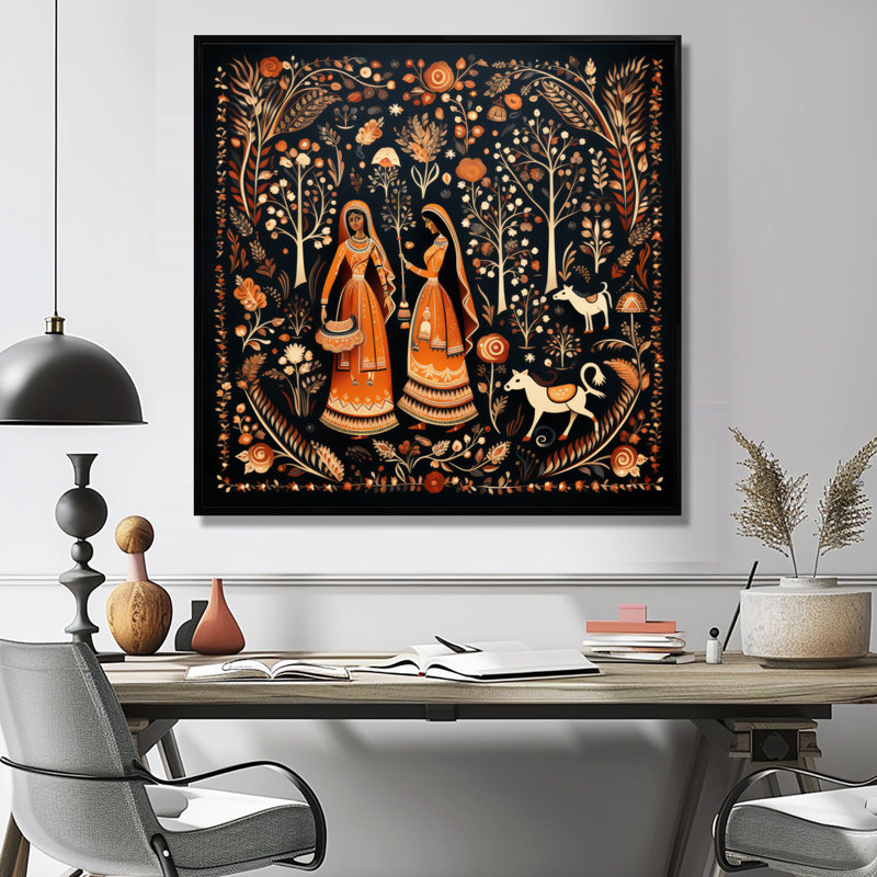 Indian Art Rajasthani Folklore tales II - Art indien, reproduction d'art sur toile encadrée, Cadre flottant noir