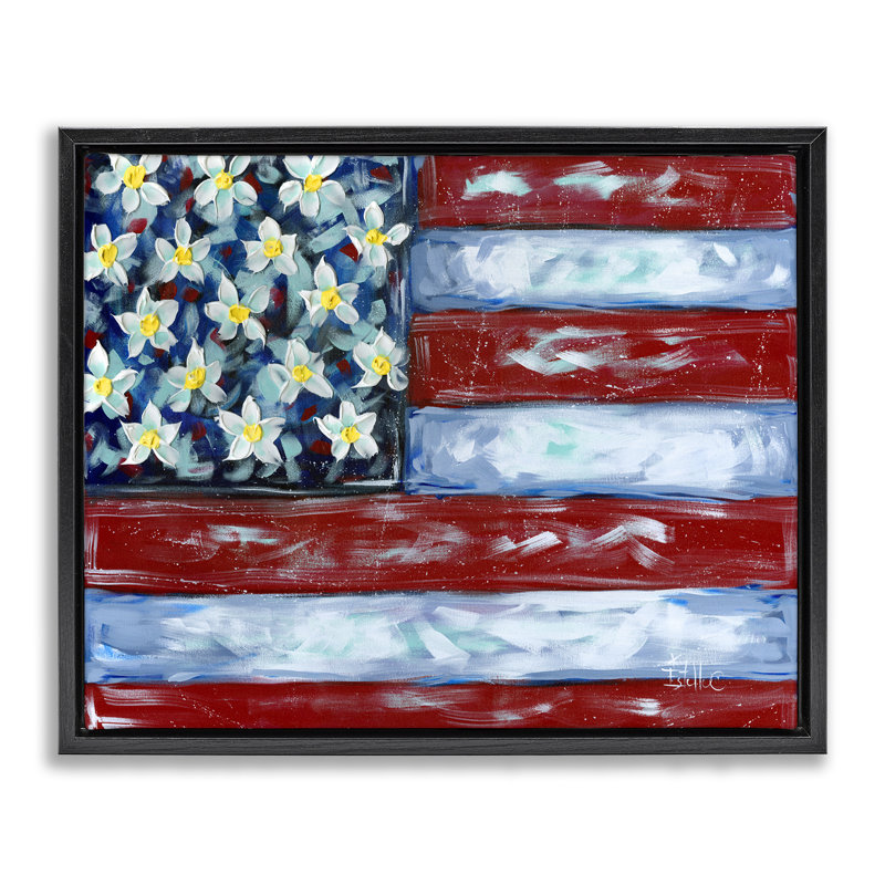  Art mural sur toile, "Flower Stars & Stripes" par Estelle Grengs, Cadre flottant noir de jais, H 17 po x l 21 po
