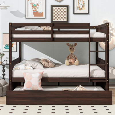 Full Over Full Bunk Bed with Trundle, Ladder, Guardrails, Convertible to 2 Full Beds, Rubber Wood Construction ,Espresso