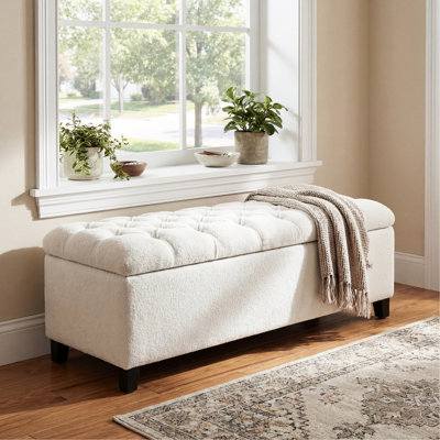 Rangement avec surface bouclée blanche, pieds en bois d'hévéa, capacité de 300 lb, charnières à fermeture douce, idéal pour le rangement de banc de décoration de chambre à coucher, finition, capitonnage,