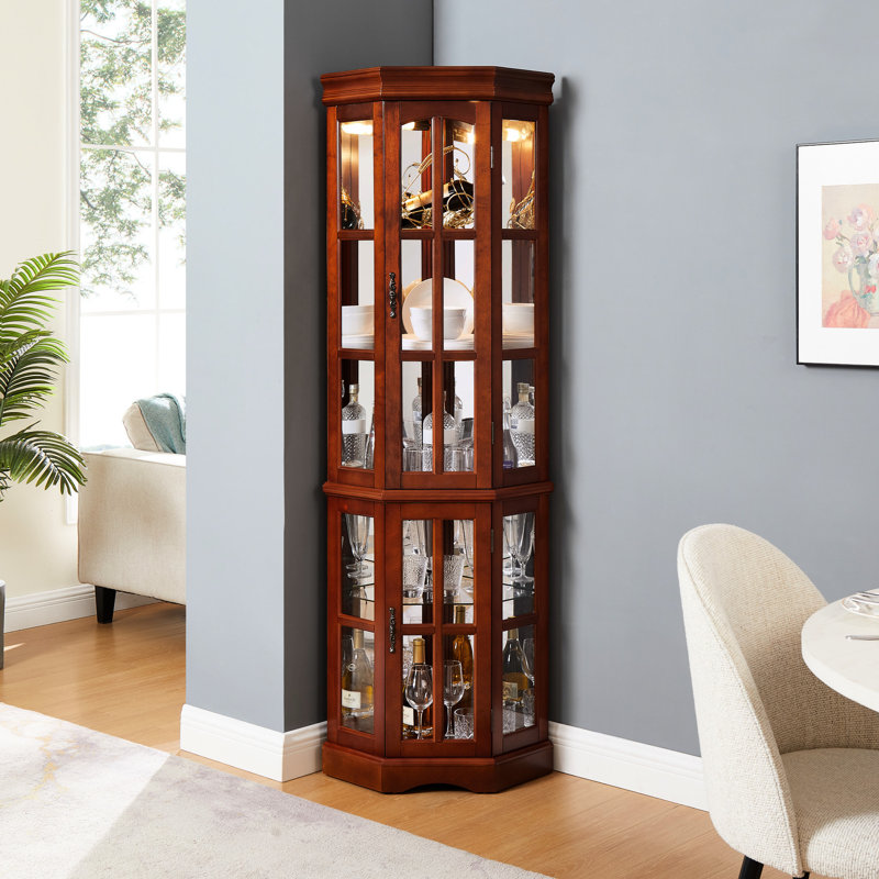Walnut Corner Curio Cabinet With 5 Removable Shelves And Lighting 5-shelf Artistic Effect, Walnut