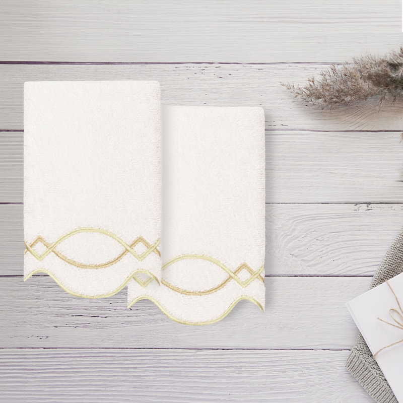  100% Turkish Cotton DIAMOND CHAIN Scallop 2PC Embellished Fingertip Towel Set, White/Beige, Fingertip Towel - 2 Pack
