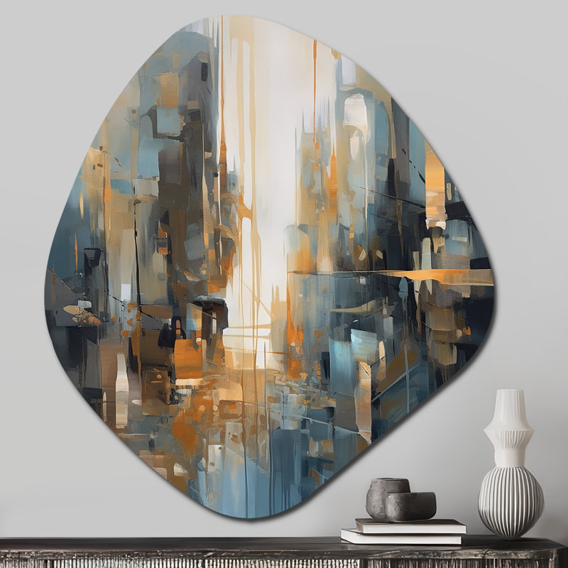 Mélange géométrique orange bleu - art mural asymétrique minimaliste en métal, impression d'art moderne de forme unique
