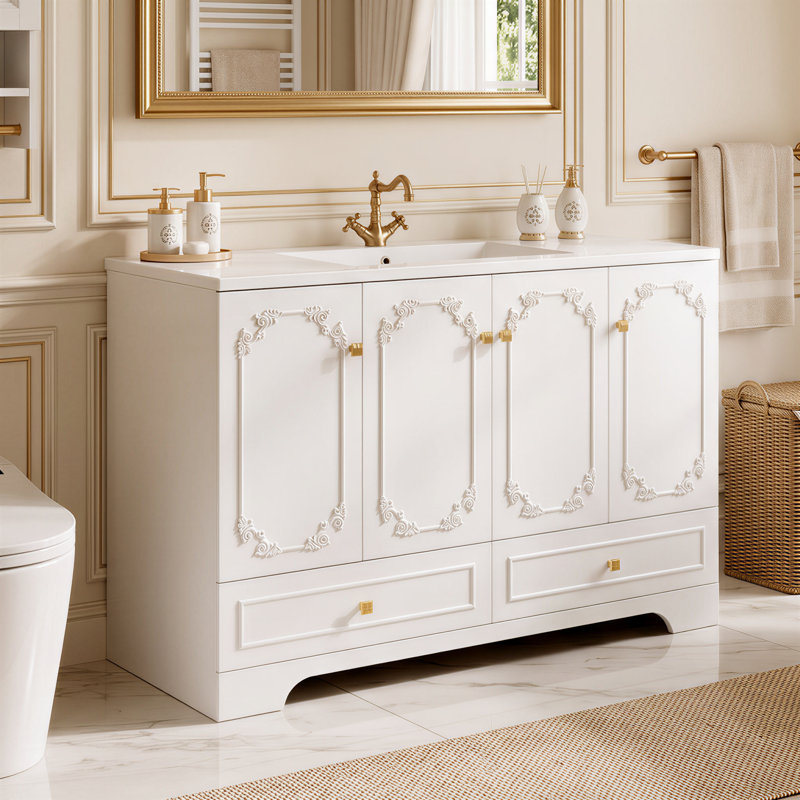 Meuble-lavabo sculpté de style français, grand espace de rangement avec 4 portes à fermeture en douceur et 2 tiroirs, noir