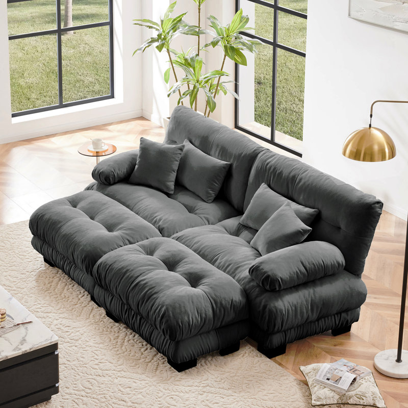 Cloud Couch Sleeper Sofa For Living Room, Chenille 2 Seater Sofa With 2 Lumbar Pillows And 2 Throw Pillows , Upholstered Wide Arm Sofa With 2 Ottomans,Chenille Gray