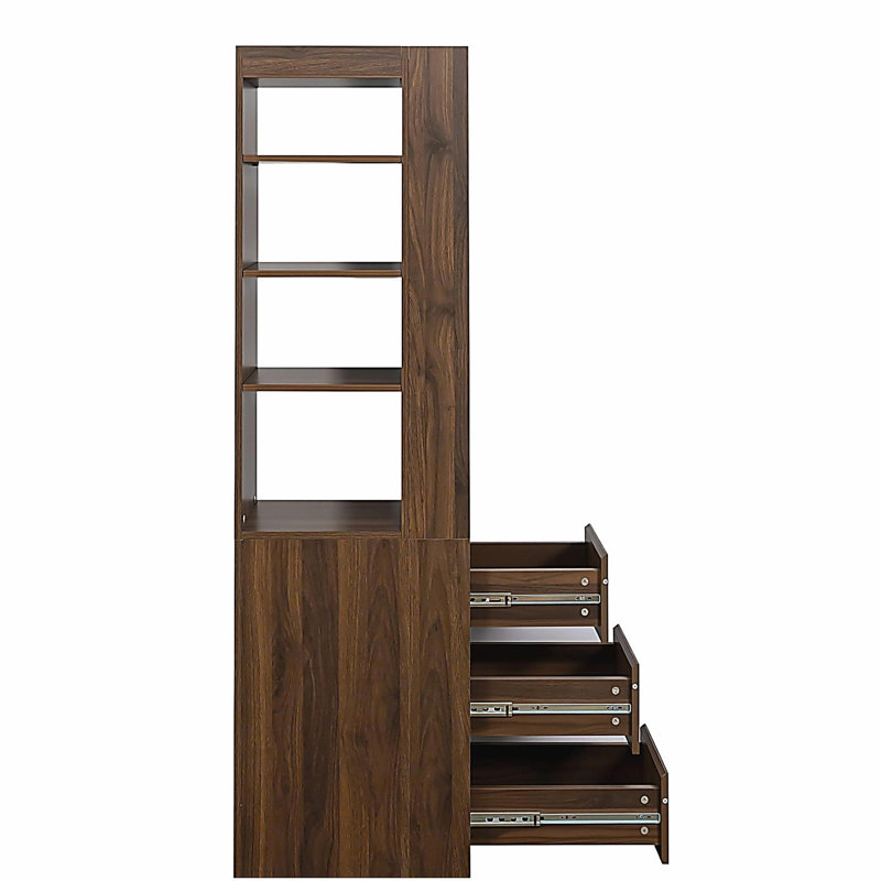 Vitrine de rangement de 180 cm de haut, tablette à 4 niveaux, 3 tiroirs latéraux et 4 petites étagères d'exposition, bibliothèque haute moderne en bois