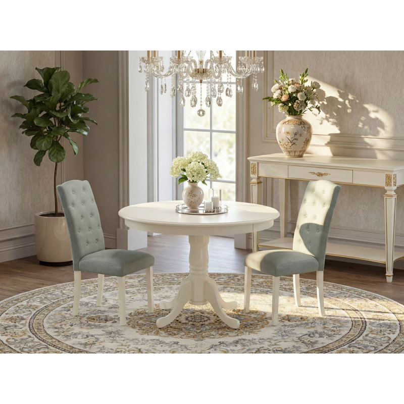 3 Piece Dining Room Furniture Set Contains a Round Dining Table with Pedestal and 2 Baby Blue Linen Fabric Upholstered Chairs, Linen White