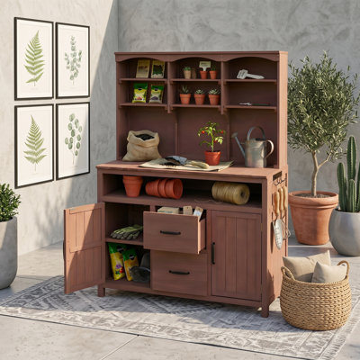 Banc de rempotage en bois de sapin massif avec huche, 2 tiroirs, 6 tablettes, crochets latéraux et comptoir pour la préparation du patio
