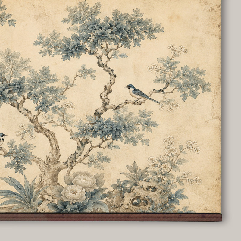 Tapisserie japonaise représentant une grue avec support en bois – Décoration murale d'inspiration asiatique