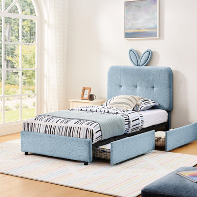 Twin Bed With Soft Boucle Fabric, Led , And 4 Pull - Out Drawers For A Comfortable Bedroom Decor Oversized Rabbit Ear Headboard, Lights, Drawer Storage Design