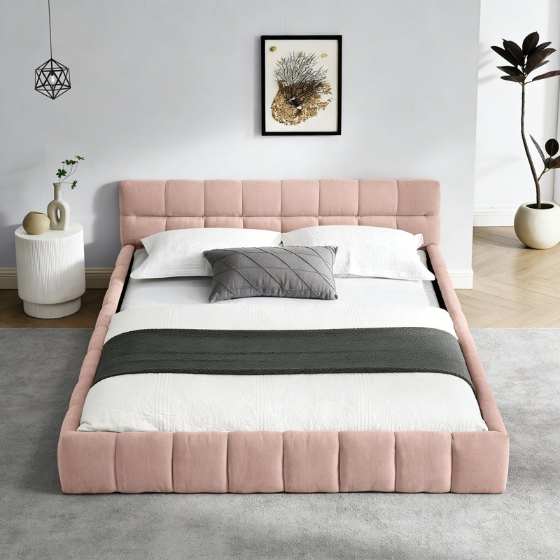 Structure de lit tapissier grand format avec tissu épais, lit plateforme grand format en chenille avec tête de lit et structure solide. Aucun sommier requis, rose (68 po x 86,5 po x 23,5 po)