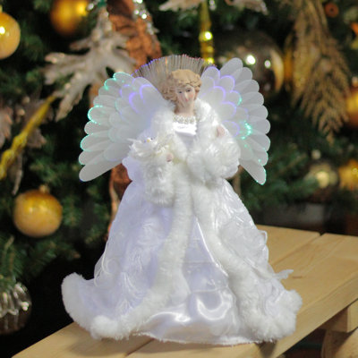 14" Lighted Fiber Optic Angel with White Gown Christmas Tree Topper