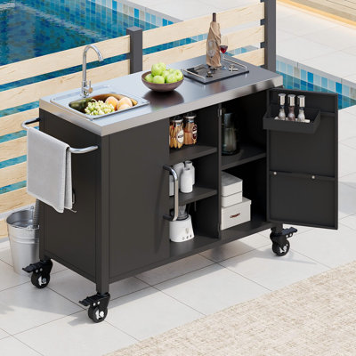 Opaline 55.5" Outdoor Kitchen Island With Stainless Steel Tabletop With Lockable Wheels by Lark Manor