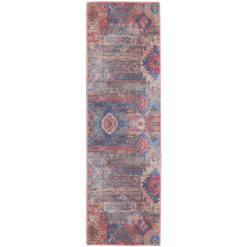 Machine Washable Southwestern Blue/Red Area Rug, Runner 2'2" x 8'