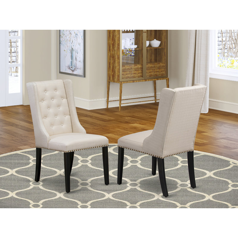 Forney Parson Dining Chairs - Button Tufted Nailhead Trim Cream Linen Fabric Padded Chairs, Set of 2, Black, Black, Cream