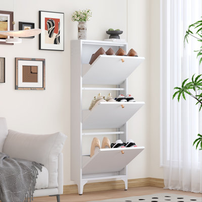 Armoire de rangement à chaussures pour hall d'entrée avec 2 tiroirs rabattables, organisateur de chaussures autoportant avec pieds, armoire de rangement à chaussures maison de campagne étroite pour vestibule, vestibule, salon