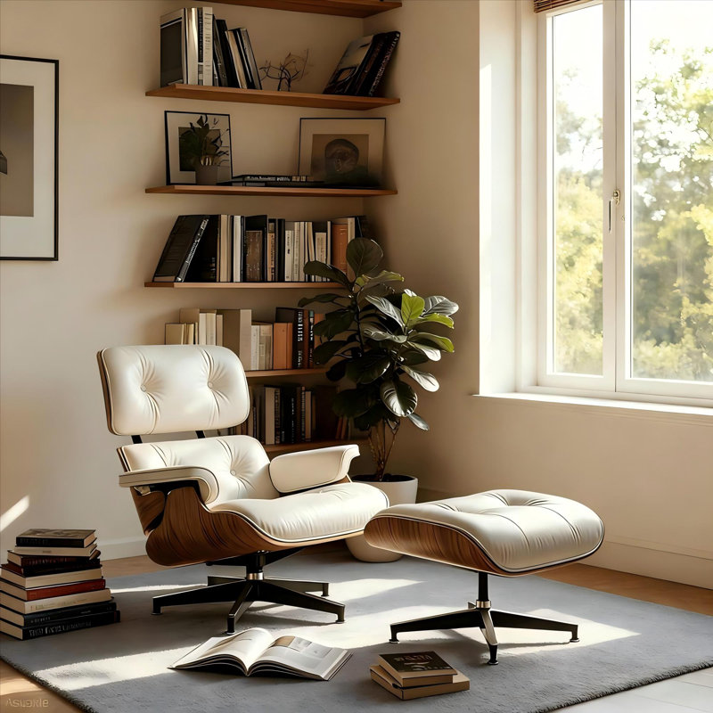Méridienne rembourrée en cuir de polyuréthane de style Mid-Century avec repose-pieds, structure en bois massif, base en alliage d'aluminium robuste pour le bureau à domicile et le salon