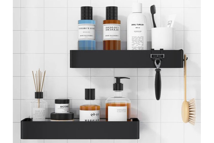 two wall-mounted shower caddies containing an array of bath products
