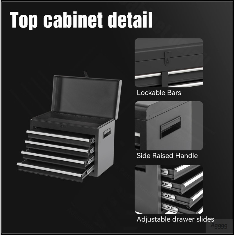 Coffre à outils, armoire de rangement à outils à 5 tiroirs avec coffre à outils amovible, doublure, roues verrouillables universelles, tablette réglable, mécanisme de verrouillage, chariot à outils en métal, outils de 154 pièces