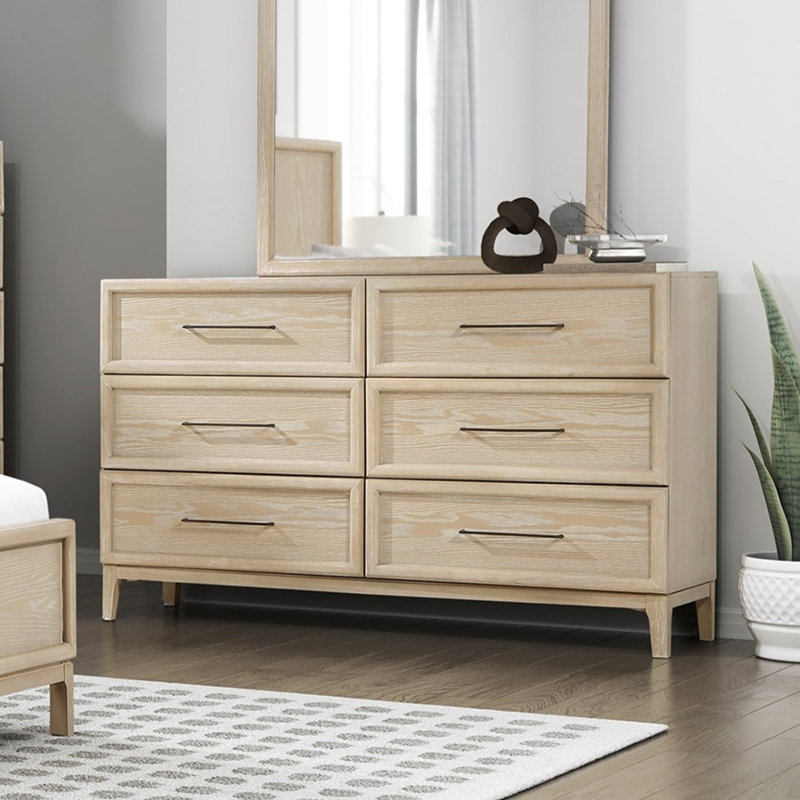 Commode contemporaine à 6 tiroirs en bois brun clair avec glissières à roulement à billes pour chambre