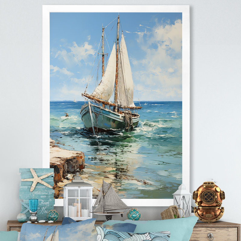 Voilier, rêve océanique - art mural fenêtres côtières, Cadre simple blanc, H 44 po x l 34 po x P 1,5 po
