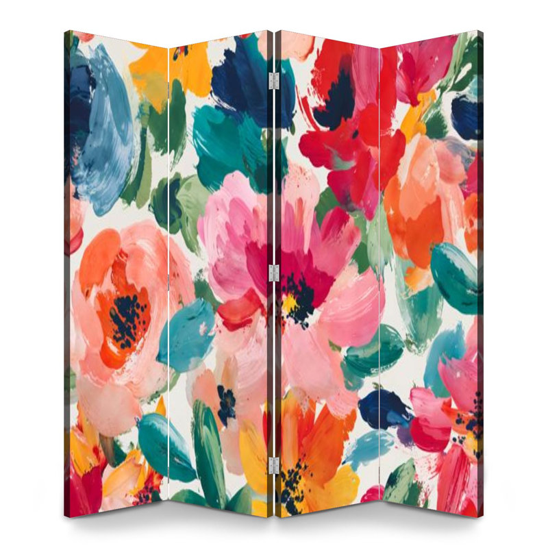 Cloison pliante 4 panneaux à paravents à fleurs abstraites et plantes florales à l'aquarelle, Couleur 6