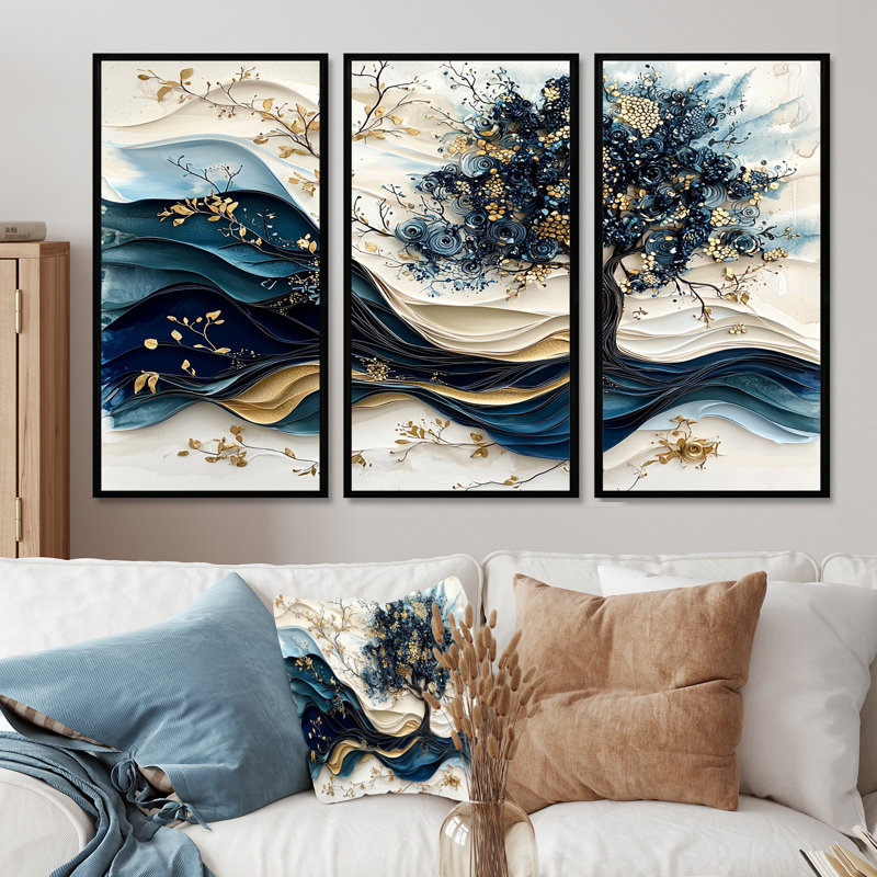 Ensemble de décorations murales bleues et blanches Modern Blossom Tree II, H 28 po x l 36 po x P 1 po