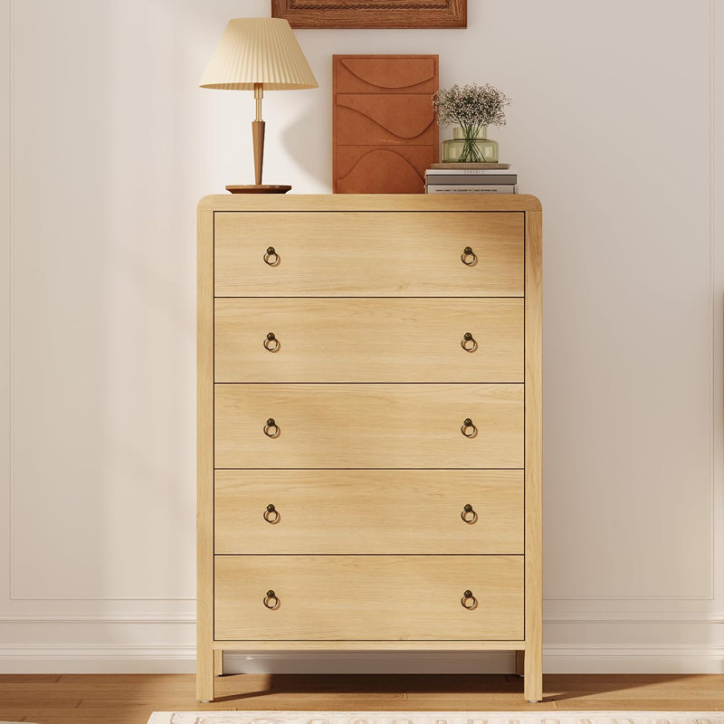 Armoire à 5 tiroirs de style Mid-Century avec poignées anneaux en métal, une unité de rangement remarquable pour le salon, la chambre à coucher ou le vestibule