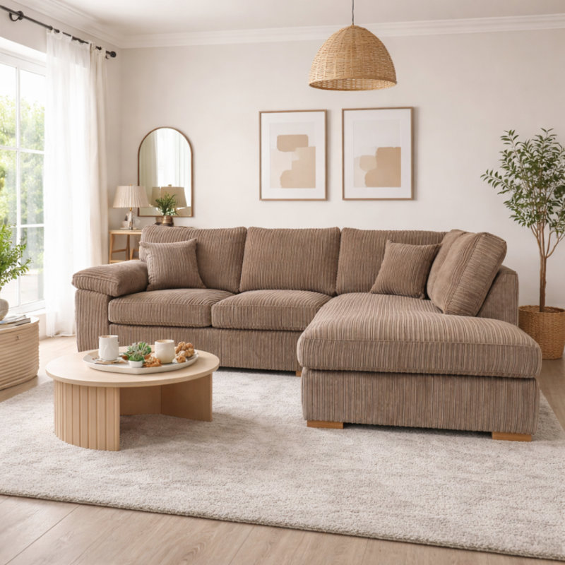 4 Seater Corduroy Sofa & Chaise, Beige, Right Hand Facing