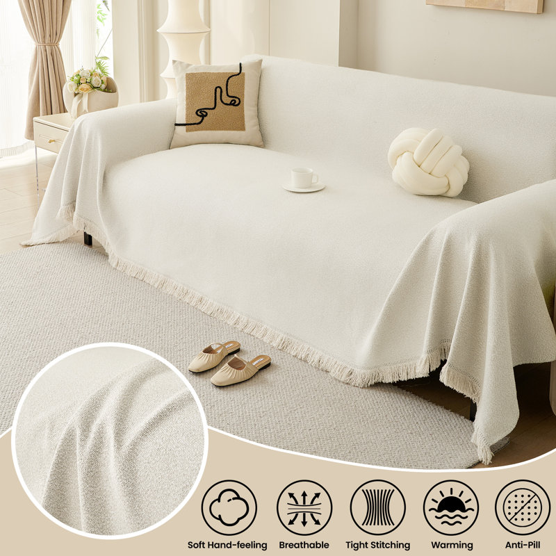 Pet-Friendly Waterproof Couch Cover with Tassel, Beige 71"x 150", Beige, 149.6" W x 70.86" D