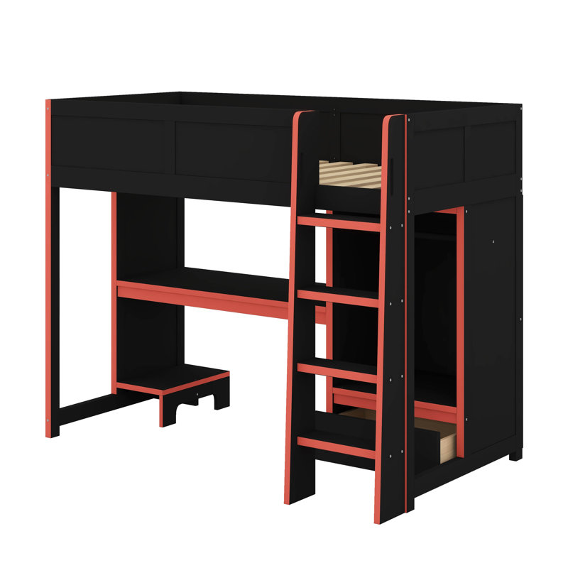 Lit mezzanine simple en bois avec bureau intégré, garde-robe, DEL et tiroir, Simple