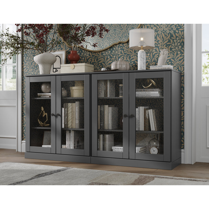 100% Solid Wood 64" Sideboard with Clear Glass Doors and Adjustable Shelves, Gray