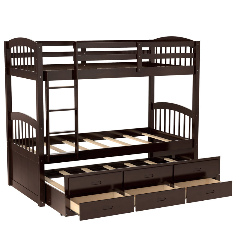 Fouad Kids Twin Over Twin Bunk Bed with Trundle with Drawers, Espresso