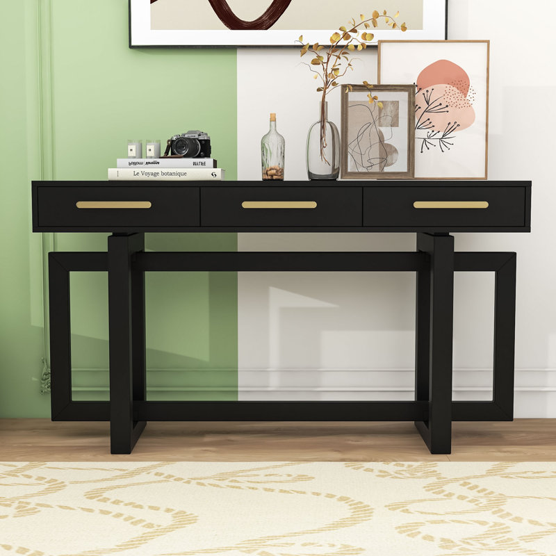 Wood Console Table with Three Drawers, Black