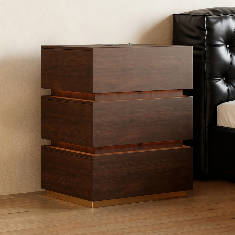 3-Drawer LED Smart Nightstand with Light, Brown