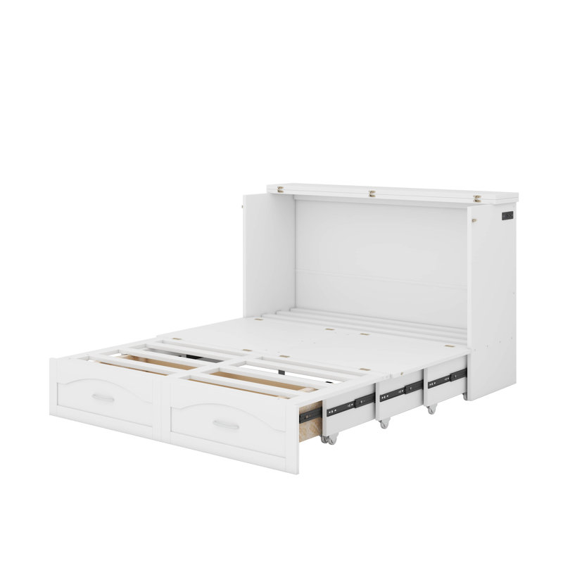 Grand lit escamotable avec tiroir et port USB, Blanc