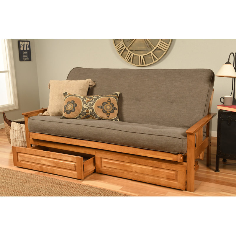 Stratford Full-Size Futon Frame Includes Storage Drawers and Mattress, Butternut, Linen Stone, Premium Pocket Coil