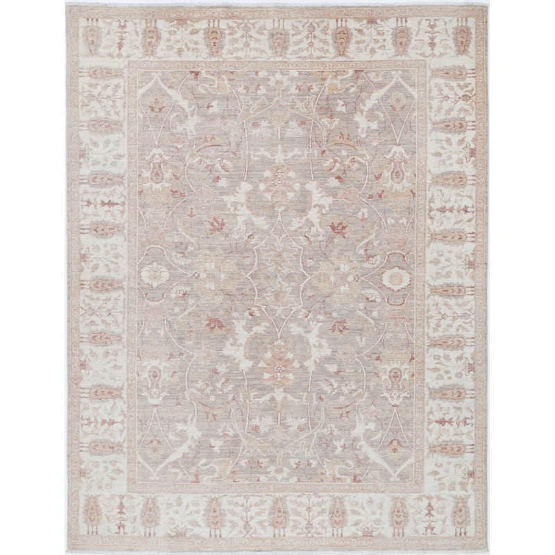 Tapis en laine noué à la main beige, rosé et taupe 6 x 8 pi, tapis à motif floral traditionnel