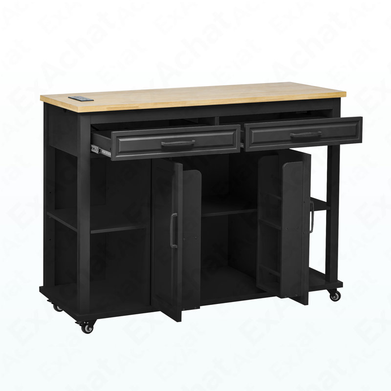 47 Inch Kitchen Island With Extendable Dining Table, Rubber Wood Veneer Kitchen Table With Internal Storage Rack, Power Outlet, Kitchen Island With Storage 2 Drawers 2 Cabinet, Black