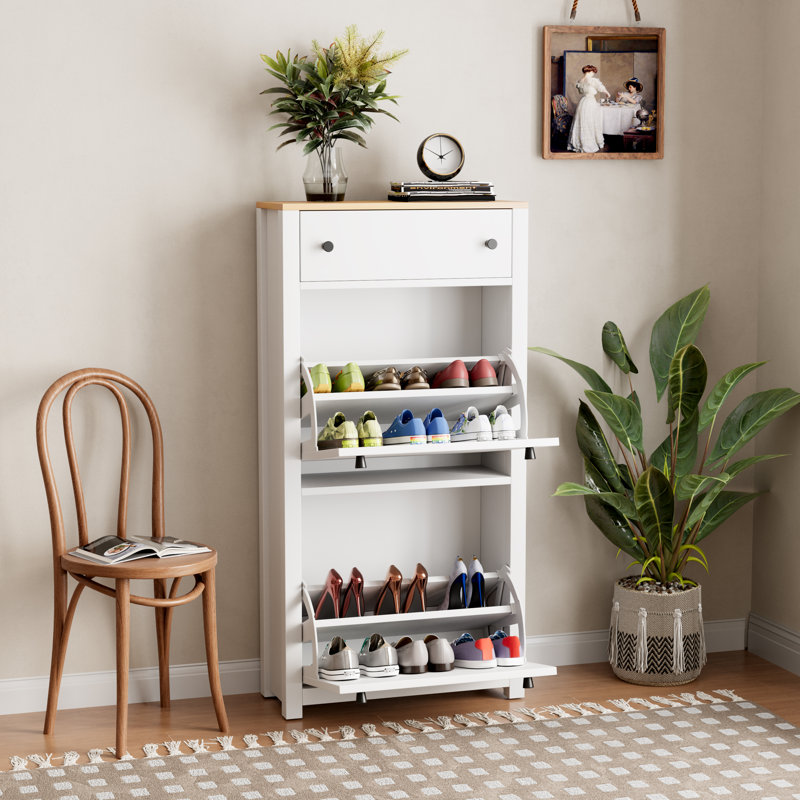 Functional Entryway Organizer with 2 Flip Drawers, Blanc