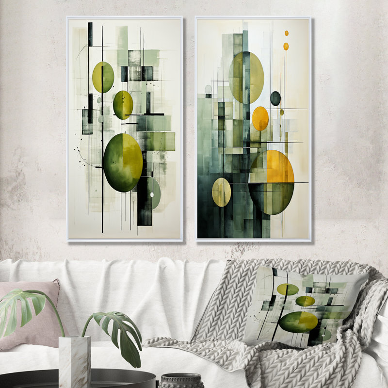 Olive Orbits Abstract Shapes - Ensemble de 2 reproductions d'art sur toile, Cadre blanc, H 28 po x l 25 po